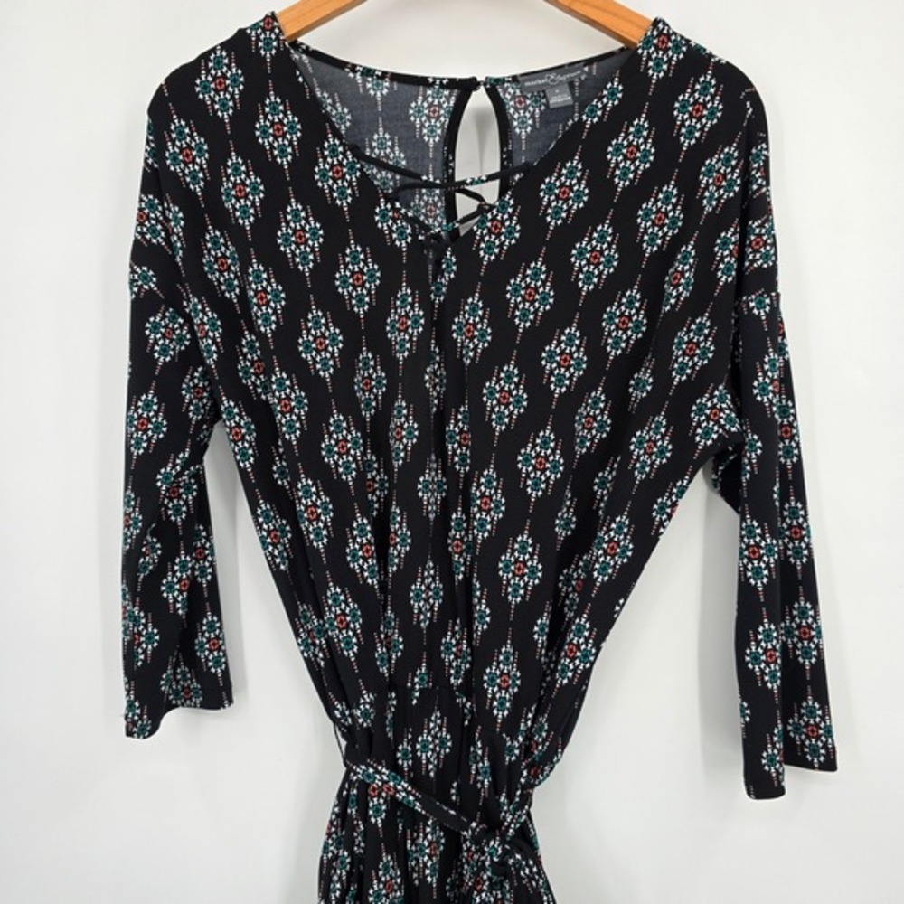 Market & Spruce Womens Black Geometric Tribal Lace Up Romper Small 3/4 Sleeve - Picture 2 of 12